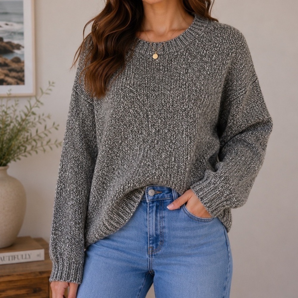 Rachel Zoe Women's L Marled Chunky Knit Sweater Gray Cotton Wool Blend Cozy